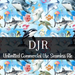 Modèle sans couture d'animaux marins colorés | Aquarelle orque dauphin requin | Impression de pieuvre tortue de mer | Sous l'eau, motif répétitif de l'océan