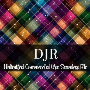 May include: A colorful plaid pattern with a mix of jewel tones, including blue, purple, pink, and gold. The design features a diagonal grid with a sparkling effect. The text "DJR Unlimited Commercial Use Seamless File" is displayed across the bottom.