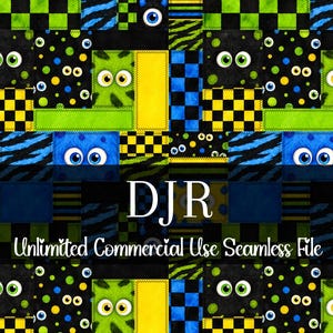May include: A colorful seamless pattern featuring a patchwork design with monster eyes, polka dots, and checkered patterns in black, blue, green, and yellow. The text "DJR" and "Unlimited Commercial Use Seamless File" are also visible.