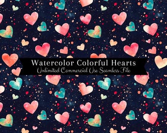 Watercolor Valentines Seamless Print | Heart Seamless Pattern | Commercial Use Pattern | Repeating Print | Watercolor Rainbow Hearts PNG