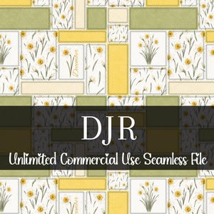 Peut inclure: Motif sans couture répété avec des illustrations de jonquilles sur fond crème. Le motif comprend des formes rectangulaires jaunes, vertes et crème. Le texte "DJR Unlimited Commercial Use Seamless File" est affiché.