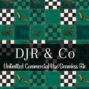 May include: Seamless pattern featuring a patchwork design with green squares, black and white checkerboard squares, and dinosaur illustrations. The text "DJR & Co" and "Unlimited Commercial Use Seamless File" are also present.