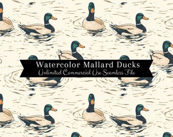 Modèle sans couture de canard colvert | Impression aquarelle de canards | Fichier sans couture d'arrière-plans de chasse | Motif répétitif PNG | Papier de scrapbooking