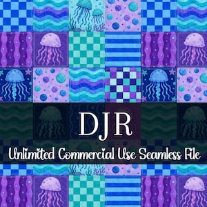 Può includere: Un design a motivo continuo con un patchwork di quadrati nei toni del blu, verde acqua e viola. Ogni quadrato contiene un design diverso, tra cui meduse, linee ondulate e pois. Il testo "DJR Unlimited Commercial Use Seamless File" è visualizzato.