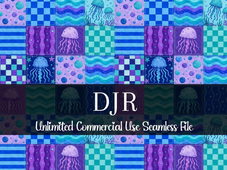 May include: A seamless pattern design with a patchwork of squares in shades of blue, teal, and purple. Each square features a different design, including jellyfish, wavy lines, and polka dots. The text "DJR Unlimited Commercial Use Seamless File" is displayed.