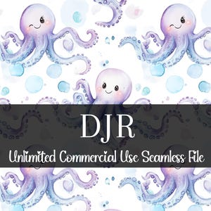 Può includere: Illustrazione di un motivo senza cuciture con adorabili polpi viola sorridenti e bolle di acquerello blu su sfondo bianco. Il testo "DJR Unlimited Commercial Use Seamless File" è visualizzato su uno striscione nero.