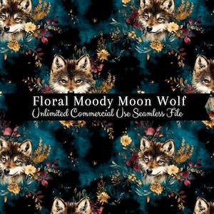 Könnte beinhalten: Nahtloses Muster mit einem stimmungsvollen blauen Hintergrund, auf dem sich ein Wolfsgesicht befindet, das von floralen Elementen in den Farben Burgunderrot, Gold und Türkis umgeben ist. Der Text "Floral Moody Moon Wolf Unlimited Commercial Use Seamless File" ist am unteren Rand des Bildes zu sehen.