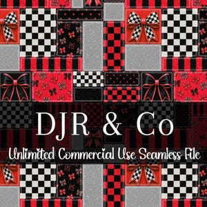 May include: A seamless digital pattern featuring a patchwork of red, black, white, and silver squares with checkered prints, stripes, and small bow motifs. Large decorative bows are placed throughout. Text reads DJR & Co Unlimited Commercial Use Seamless File.