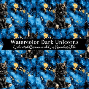 May include: Seamless pattern featuring black watercolor unicorns with gold horns and hooves on a blue and black marbled background with gold accents.  Watercolor Dark Unicorns Unlimited Commercial Use Seamless File.