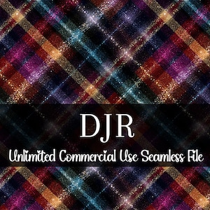 May include: A seamless digital file featuring a plaid pattern with a glitter effect. The design incorporates diagonal lines in shades of red, purple, blue, and gold. The text "DJR" and "Unlimited Commercial Use Seamless File" are displayed.