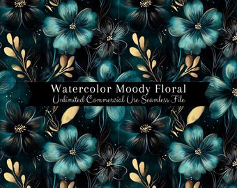 Aquarela Moody Teal Gold Floral Seamless Print | Padrão Floral Seamless | Padrão de Uso Comercial | Aquarela Moody Floral Seamless