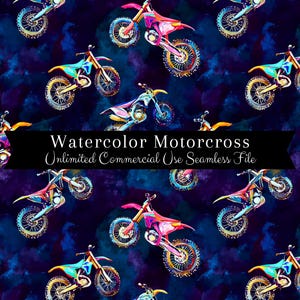 Może przedstawiać: Wzór bez szwów przedstawiający akwarelowe ilustracje motocykli motocrossowych w żywych kolorach na ciemnoniebieskim tle z akwarelowymi plamami. Tekst "Watercolor Motocross Unlimited Commercial Use Seamless File" jest wyświetlany na czarnym banerze.