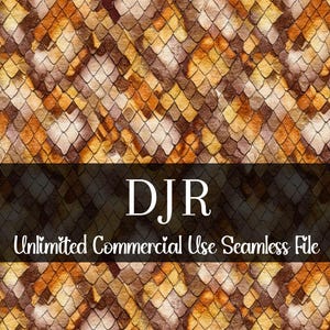 Może przedstawiać: Bezszwowy plik cyfrowy z wzorem łusek gada w odcieniach brązu, beżu i złota. Projekt zawiera tekst "DJR Unlimited Commercial Use Seamless File" białymi literami na ciemnobrązowym banerze.
