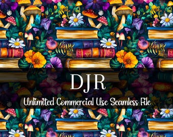 Watercolor Books Moody Floral Seamless Print | Book Lover Seamless Pattern | Commercial Use Pattern | Moody Floral Mushroom Seamless