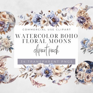 Boho Mond Clipart | Crescent Moon Clipart | Pfingstrose Blumen Clipart | Boho Motte Clipart | Aquarell Clipart | Boho Mond Clipart | PNG