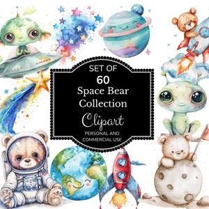 Ruimte kawaii aquarel clipart | Aquarel planeten clipart | Zon, sterren en maan png | Teddybeer-raketschip | Schattige teddybeerastronaut
