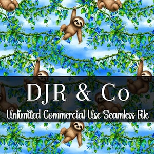 May include: A seamless digital pattern featuring brown sloths hanging from green and blue tropical vines against a light blue sky. The text DJR & Co and Unlimited Commercial Use Seamless File is overlaid in white across the center of the image.