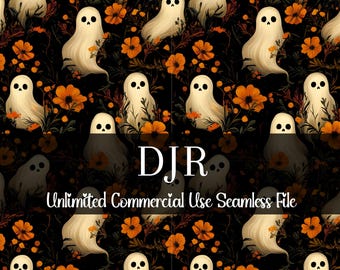 Ghost Fall Floral Seamless Pattern | Watercolor Ghost Digital Paper | Ghost Pattern | Watercolor Halloween | Fall Repeating Pattern PNG