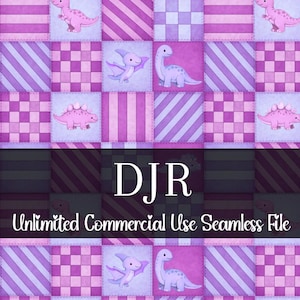 May include: A seamless pattern featuring a patchwork design with various shades of purple and pink. The squares are decorated with cartoon dinosaurs. The text "DJR Unlimited Commercial Use Seamless File" is displayed in the center.