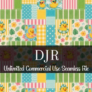 Op de afbeelding: Een kleurrijk naadloos patroon met patchwork vierkanten. Het bevat gele badeenden met zonnebrillen en zwembanden. Het ontwerp bevat stippen, strepen en bloemelementen, met de tekst "DJR Unlimited Commercial Use Seamless File".