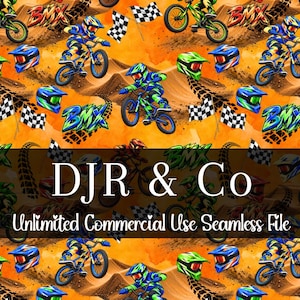 May include: A seamless pattern featuring BMX riders on bicycles, motocross helmets, checkered flags, and tyre tracks on an orange background. The text DJR & Co and Unlimited Commercial Use Seamless File is overlaid in the centre of the image.