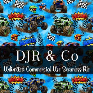May include: A seamless pattern featuring blue and green monster trucks, checkered flags, helmets, and tire tracks on a blue background. The text VROOM, MONSTER, DJR & Co, and Unlimited Commercial Use Seamless File is printed across the design.