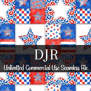 Könnte beinhalten: Ein nahtloses Muster in Rot, Weiß und Blau mit Sternen, Leopardenmuster und karierten Quadraten. Der Text "DJR Unlimited Commercial Use Seamless File" ist enthalten.
