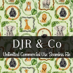 Könnte beinhalten: Ein nahtloses Muster mit Aquarellillustrationen verschiedener Wildtiere wie Löwen, Elefanten, Giraffen, Gorillas, Tiger und Strauße, eingerahmt von tropischen Blättern und Tierdruckbordüren auf einem hellgrünen Hintergrund.