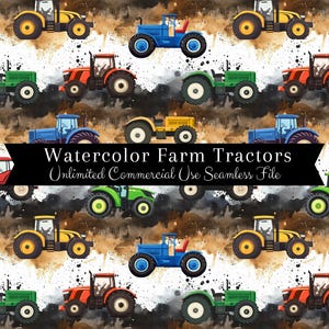 Könnte beinhalten: Ein nahtloses Muster mit Aquarell-Illustrationen von bunten Traktoren auf einem braunen und weißen Hintergrund. Der Text "Watercolor Farm Tractors Unlimited Commercial Use Seamless File" wird in einem schwarzen Banner angezeigt.