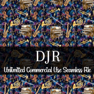 Könnte beinhalten: Nahtloses Muster mit Musikinstrumenten wie Klavieren, Geigen, Trompeten und Saxophonen vor einem kosmischen Hintergrund. Der Text "DJR Unlimited Commercial Use Seamless File" ist abgebildet.