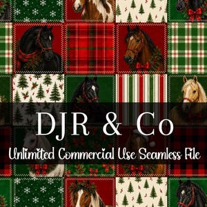 Peut inclure: Un motif numérique sans couture composé de carrés sur le thème de Noël avec des chevaux, des sapins, des flocons de neige et des motifs écossais en rouge, vert et blanc. Le texte DJR & Co Unlimited Commercial Use Seamless File est superposé.
