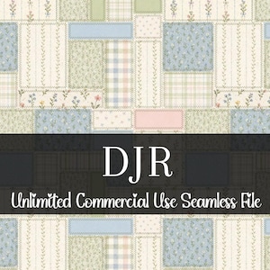 Può includere: Un motivo patchwork con vari disegni floreali e a quadri in colori pastello. Il design include forme rettangolari e quadrate con un effetto cucito. Il testo "DJR Unlimited Commercial Use Seamless File" è visualizzato al centro.