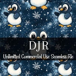 Könnte beinhalten: Nahtloses Muster mit Cartoon-Pinguinen in Blau, Weiß und Gelb, vor einem dunkelblauen Hintergrund mit Schneeflocken. Der Text "DJR Unlimited Commercial Use Seamless File" ist im Bild enthalten.