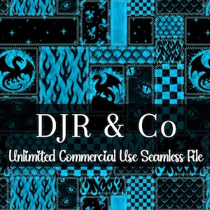 Pode incluir: Um padrão digital sem costuras com um mosaico de quadrados pretos e azul-brilhante com silhuetas de dragões, motivos de chamas, padrões axadrezados e escamas de réptil. O texto DJR & Co e Unlimited Commercial Use Seamless File está centrado.