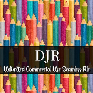 May include: A vibrant seamless pattern of pencils in a range of colours, such as red, blue, green, and yellow. The image features the text "DJR Unlimited Commercial Use Seamless File" on a black banner across the centre.