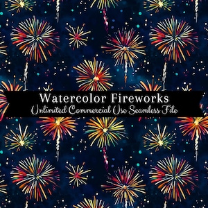 Può includere: Uno schema senza cuciture con fuochi d'artificio ad acquerello in tonalità di rosso, giallo, arancione e bianco su uno sfondo blu scuro. Lo schema è perfetto per creare design festosi per tessuti, carta da parati o progetti digitali.