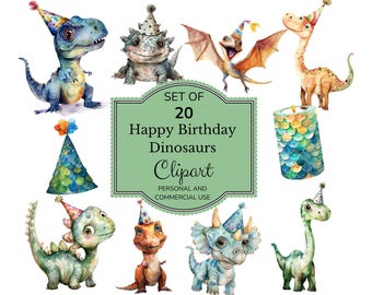 Watercolor Dinosaur Birthday Bundle | Cute Dino Clipart | Dinosaur Baby Shower | Cartoon Dinosaur | Digital Download | Watercolor Dinosaur