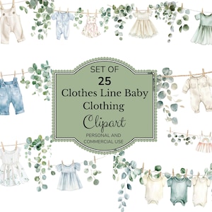Clipart babykledinglijn | Aquarel pasgeboren waslijnkunst | Babyshowerdecoratie | Schattige kinderkamerillustraties | Boho-babyshower | Tweeling