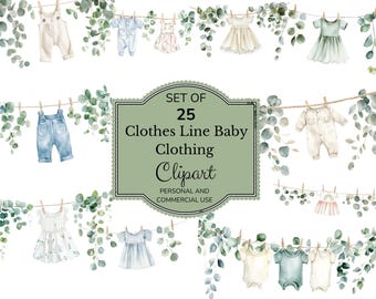 Baby Clothes Line Clipart | Watercolor Newborn Clothesline Art | Baby Shower Decor | Cute Nursery Illustrations | Boho Baby Shower | Twins