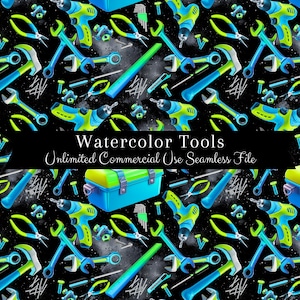 以下が含まれることがあります： 様々な工具の水彩画のシームレスパターン。レンチ、ドライバー、ペンチ、ツールボックスなど。工具は、白い斑点のある黒い背景に、青と緑の色合いで描かれています。