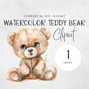 Teddy Bear Watercolor Clipart | Baby Shower Clipart | Commercial Use | Nursery Wall Art | Bear Clipart | Digital Download | Watercolor PNG