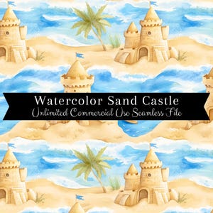 May include: Seamless watercolor pattern featuring sandcastles, palm trees, and ocean waves. The pattern is perfect for creating beach-themed designs.