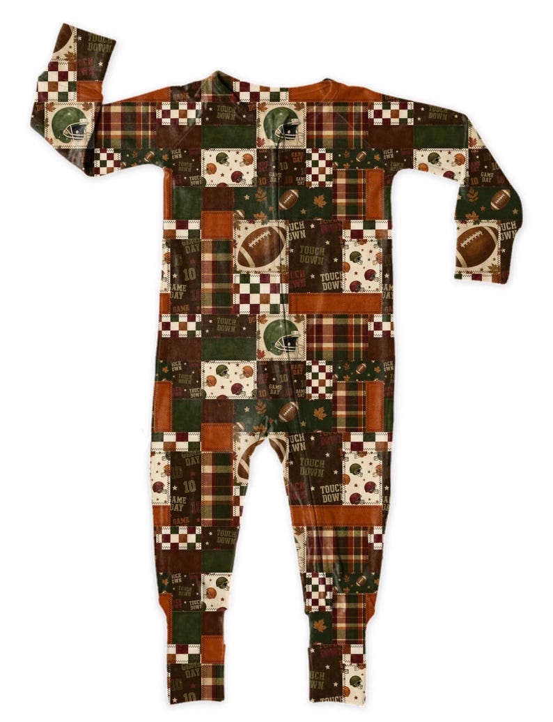 May include: A one-piece football-themed pajama set. The sleepwear features a patchwork design with footballs, helmets, and the words "Touch Down" and "Game Day". The color palette includes shades of brown, green, and orange.