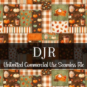 Pode incluir: Um design de patchwork sem costura com ilustrações de outono. O padrão inclui abóboras, fatias de torta, xícaras de café e folhas de outono em tons de laranja, marrom e verde. O texto "DJR Unlimited Commercial Use Seamless File" é exibido.