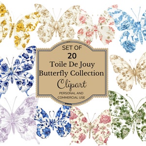 Schmetterling Clipart kommerzielle Nutzung | Aquarell Toile De Jouy Flügel | Elegante Französische Chinoiserie Blumenkindergarten Clip Design Png Junk Journal