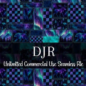 May include: A seamless digital file featuring a patchwork design with a night sky theme. The design includes images of moose, bears, trees, and checkered patterns, all in shades of blue, purple, and teal. The text "DJR Unlimited Commercial Use Seamless File" is displayed.