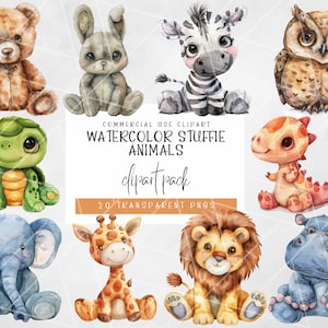 20 clipart vintage de bichos de pelúcia fofos | Clipart de boneca de animais em aquarela | Clipart de brinquedo, uso comercial | Download instantâneo | Animais Recheados