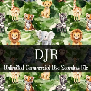 May include: Seamless pattern featuring watercolor illustrations of safari animals including lions, zebras, giraffes, tigers, elephants, monkeys, and hippos. The background is a green and white camouflage pattern. Text reads "DJR Unlimited Commercial Use Seamless File."