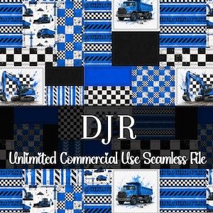 May include: A seamless digital file with a patchwork design. It features blue and black construction vehicles, including dump trucks and excavators, alongside checkered patterns. The text reads "DJR Unlimited Commercial Use Seamless File".