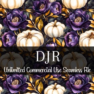 May include: A seamless pattern featuring white pumpkins and purple flowers with gold accents on a black background.  The text "DJR Unlimited Commercial Use Seamless File" is at the bottom of the image.